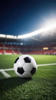 Soccer ball rests on grass of green field in front of majestic lit up, creating exciting atmosphere stadium. Scene captures essence of game, ready for action, excitement. Advertising, banner, print