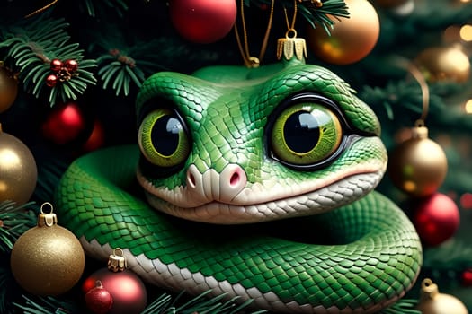 A forest green snake crawls along a Christmas tree with balls. AI generated image.