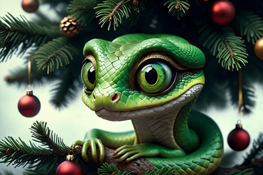 A forest green snake crawls along a Christmas tree with balls. AI generated image.