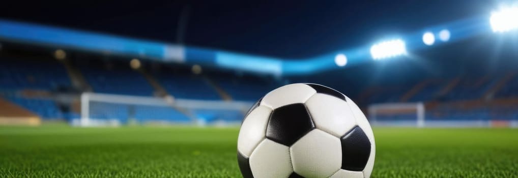 Soccer ball rests on grass of green field in front of majestic lit up, creating exciting atmosphere stadium. Scene captures essence of game, ready for action, excitement. Advertising, banner, print