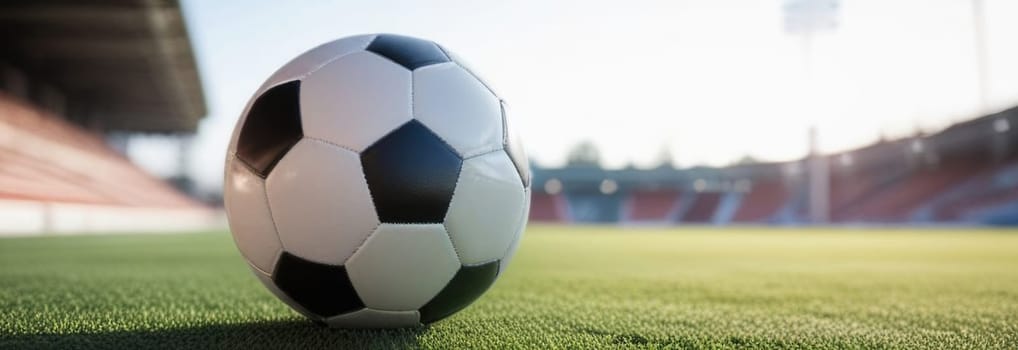 Soccer ball rests on grass of green field in front of majestic lit up, creating exciting atmosphere stadium. Scene captures essence of game, ready for action, excitement. Advertising, banner, print