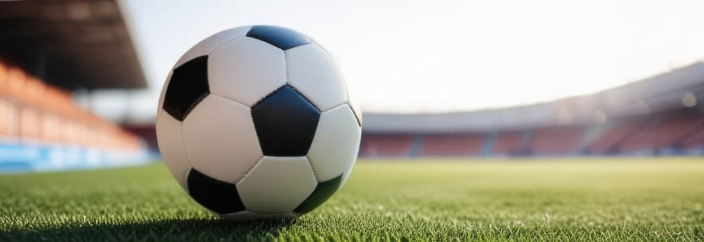 Soccer ball rests on grass of green field in front of majestic lit up, creating exciting atmosphere stadium. Scene captures essence of game, ready for action, excitement. Advertising, banner, print