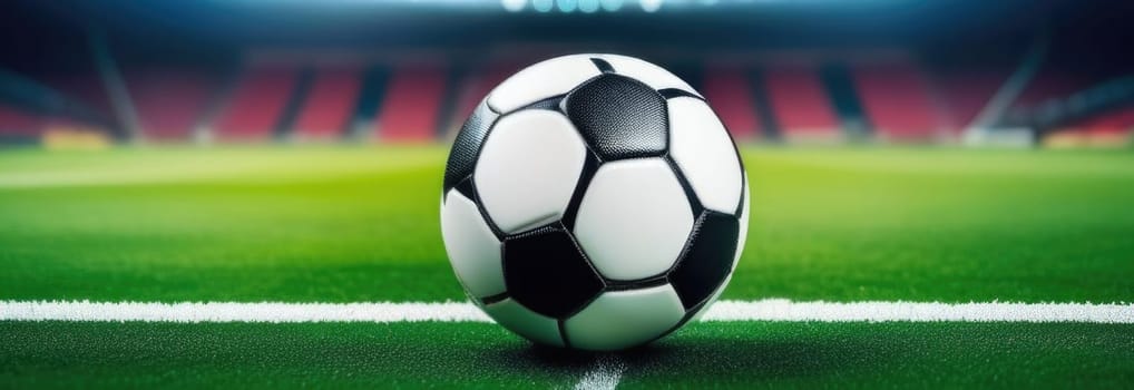 Soccer ball rests on grass of green field in front of majestic lit up, creating exciting atmosphere stadium. Scene captures essence of game, ready for action, excitement. Advertising, banner, print