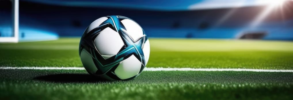 Soccer ball rests on grass of green field in front of majestic lit up, creating exciting atmosphere stadium. Scene captures essence of game, ready for action, excitement. Advertising, banner, print