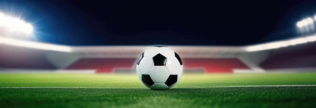 Soccer ball rests on grass of green field in front of majestic lit up, creating exciting atmosphere stadium. Scene captures essence of game, ready for action, excitement. Advertising, banner, print