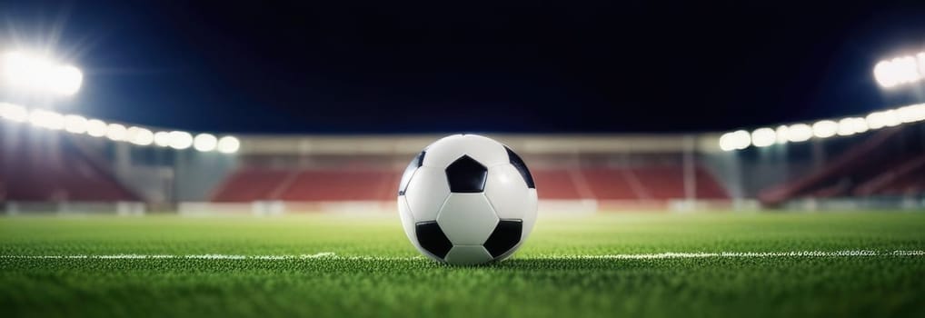 Soccer ball rests on grass of green field in front of majestic lit up, creating exciting atmosphere stadium. Scene captures essence of game, ready for action, excitement. Advertising, banner, print