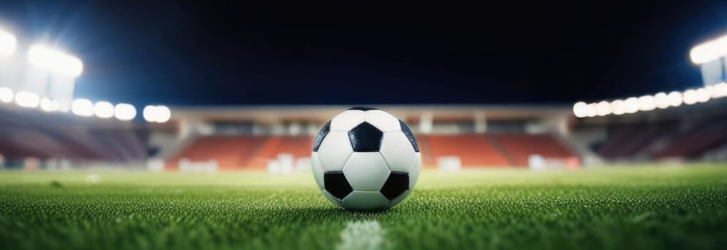 Soccer ball rests on grass of green field in front of majestic lit up, creating exciting atmosphere stadium. Scene captures essence of game, ready for action, excitement. Advertising, banner, print