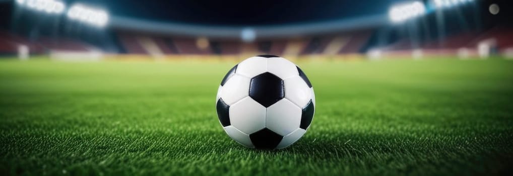 Soccer ball rests on grass of green field in front of majestic lit up, creating exciting atmosphere stadium. Scene captures essence of game, ready for action, excitement. Advertising, banner, print