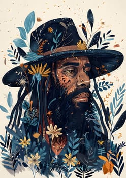 A man with facial hair wears a costume hat and is surrounded by flowers and leaves in an illustration depicting a unique fashion accessory