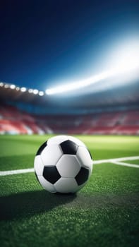 Soccer ball rests on grass of green field in front of majestic lit up, creating exciting atmosphere stadium. Scene captures essence of game, ready for action, excitement. Advertising, banner, print
