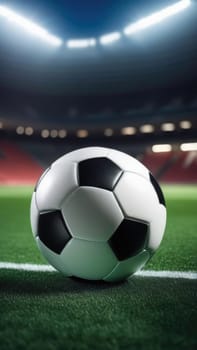 Soccer ball rests on grass of green field in front of majestic lit up, creating exciting atmosphere stadium. Scene captures essence of game, ready for action, excitement. Advertising, banner, print