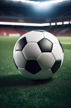 Soccer ball rests on grass of green field in front of majestic lit up, creating exciting atmosphere stadium. Scene captures essence of game, ready for action, excitement. Advertising, banner, print