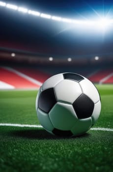Soccer ball rests on grass of green field in front of majestic lit up, creating exciting atmosphere stadium. Scene captures essence of game, ready for action, excitement. Advertising, banner, print