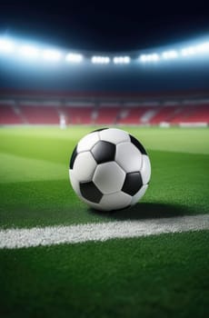 Soccer ball rests on grass of green field in front of majestic lit up, creating exciting atmosphere stadium. Scene captures essence of game, ready for action, excitement. Advertising, banner, print
