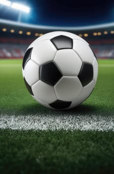 Soccer ball rests on grass of green field in front of majestic lit up, creating exciting atmosphere stadium. Scene captures essence of game, ready for action, excitement. Advertising, banner, print