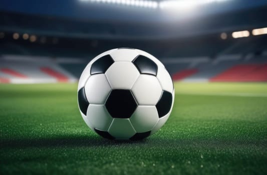 Soccer ball rests on grass of green field in front of majestic lit up, creating exciting atmosphere stadium. Scene captures essence of game, ready for action, excitement. Advertising, banner, print