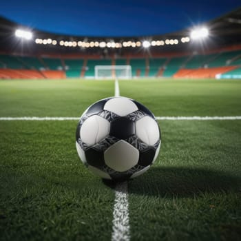 Soccer ball rests on grass of green field in front of majestic lit up, creating exciting atmosphere stadium. Scene captures essence of game, ready for action, excitement. Advertising, banner, print