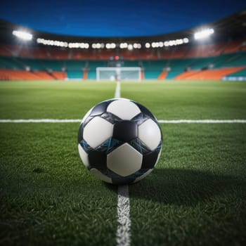 Soccer ball rests on grass of green field in front of majestic lit up, creating exciting atmosphere stadium. Scene captures essence of game, ready for action, excitement. Advertising, banner, print