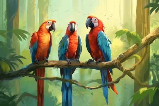 Enchanting Macaw parrots colorful couple. Bright pet. Generate Ai