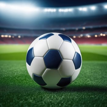 Soccer ball rests on grass of green field in front of majestic lit up, creating exciting atmosphere stadium. Scene captures essence of game, ready for action, excitement. Advertising, banner, print