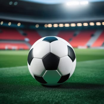 Soccer ball rests on grass of green field in front of majestic lit up, creating exciting atmosphere stadium. Scene captures essence of game, ready for action, excitement. Advertising, banner, print