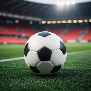 Soccer ball rests on grass of green field in front of majestic lit up, creating exciting atmosphere stadium. Scene captures essence of game, ready for action, excitement. Advertising, banner, print