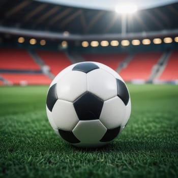 Soccer ball rests on grass of green field in front of majestic lit up, creating exciting atmosphere stadium. Scene captures essence of game, ready for action, excitement. Advertising, banner, print