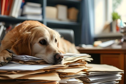 dog in an office, overwhelmed by a mountains of paperwork. Neural network generated in January 2024. Not based on any actual scene or pattern.