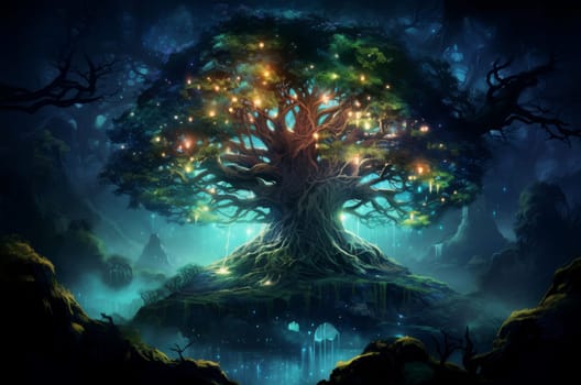 Radiant Magic tree. Fantasy romantic forest. Generate Ai