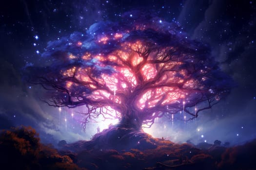 Vibrant Magic tree. Fantasy romantic forest. Generate Ai