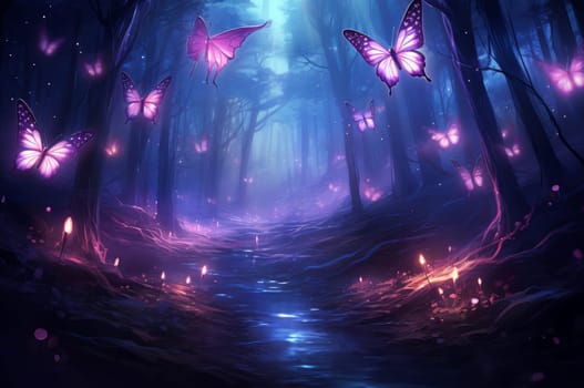 Luminous Magical forest butterfly. Tree landscape. Generate Ai