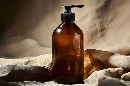 An amber glass bottle containing brown fluid with a black pump is placed on a cloth. The liquid could be a solvent, water, drink, or a chemical compound