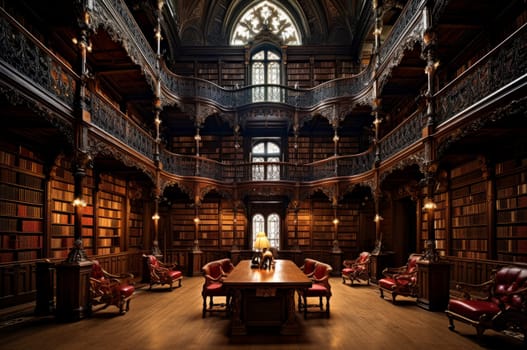 Historic Magnificent library. Old interior room. Generate Ai
