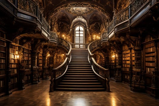 Grand Magnificent library. Old interior room. Generate Ai