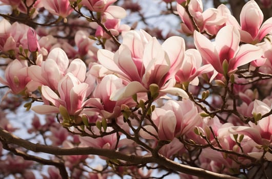 Magnolia blooming flowers. Pink blossom plant. Generate Ai