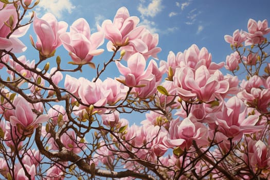 Elegant Magnolia blooming flowers. Pink blossom plant. Generate Ai