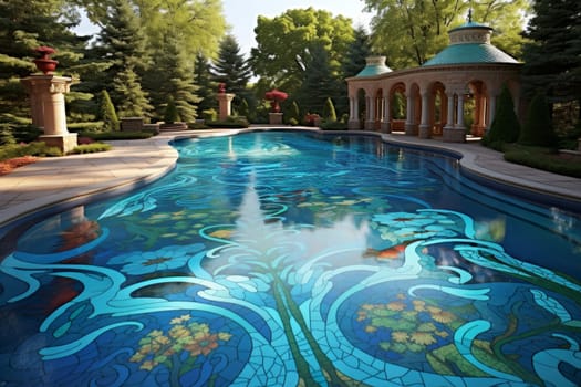 Enchanting majestic tropical swim pool. Hotel exterior. Generate Ai