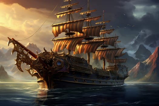 Stately Wooden majesty ship. History sea boat. Generate Ai