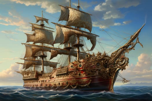 Venerable Wooden majesty ship. History sea boat. Generate Ai