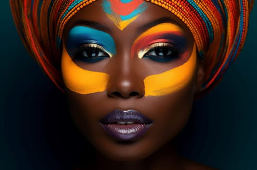 Vibrant Colorful woman makeup. Portrait style people. Fictional person. Generate Ai