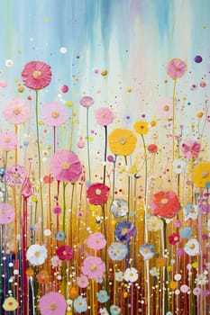 A vibrant, abstract painting featuring a field of colorful flowers against a dreamy backdrop, infused with a sense of springs's joyful essence - Generative AI