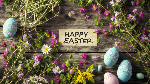 Colorful Easter eggs and spring flowers around 'Happy Easter' sign on a wooden backdrop - Generative AI