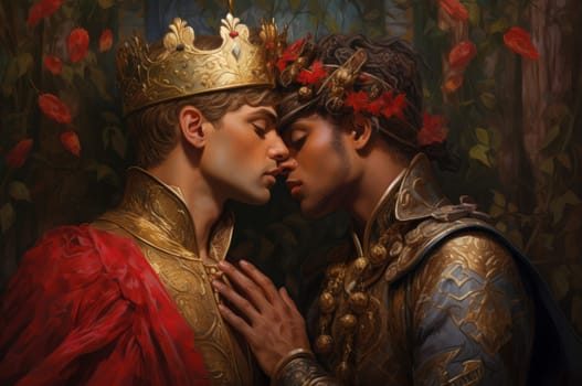 Male king kiss. Person adult. Generate Ai