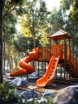 Enjoy outdoor recreation in the middle of a forest at a playground with a chute and spiral slide surrounded by trees and natural landscapes. Perfect for leisure and outdoor play