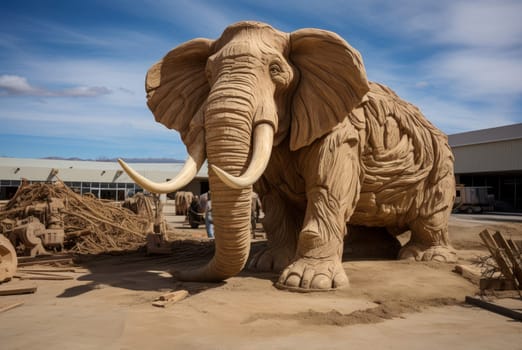 Majestic Mammoth statue. Winter sand spring. Generate Ai