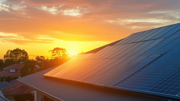 The sun sets behind a residential area equipped with solar panels, highlighting sustainable energy solutions in a suburban setting. AIG41