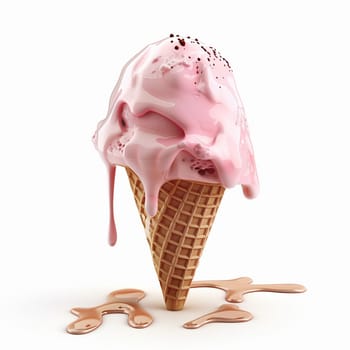 Melted 3d ice cream in a waffle cone. Syrup, crumbs, caramel. High quality illustration