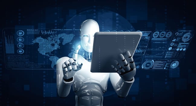 XAI 3d illustration Robot humanoid using tablet computer for global network connection using AI thinking brain , artificial intelligence and machine learning process for 4th industrial revolution. 3D illustration.