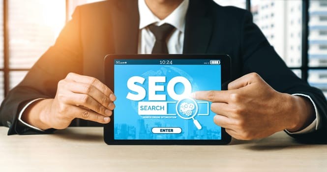 SEO - Search Engine Optimization for Online Marketing Concept. Modern interface showing symbol of keyword research website promotion by optimize customer searching and analyze market strategy. uds