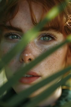 A closeup portrait of a womans face is visible through a leaf, showcasing eyelashes, iris, wrinkles, and flesh. The image combines elements of portrait photography and art